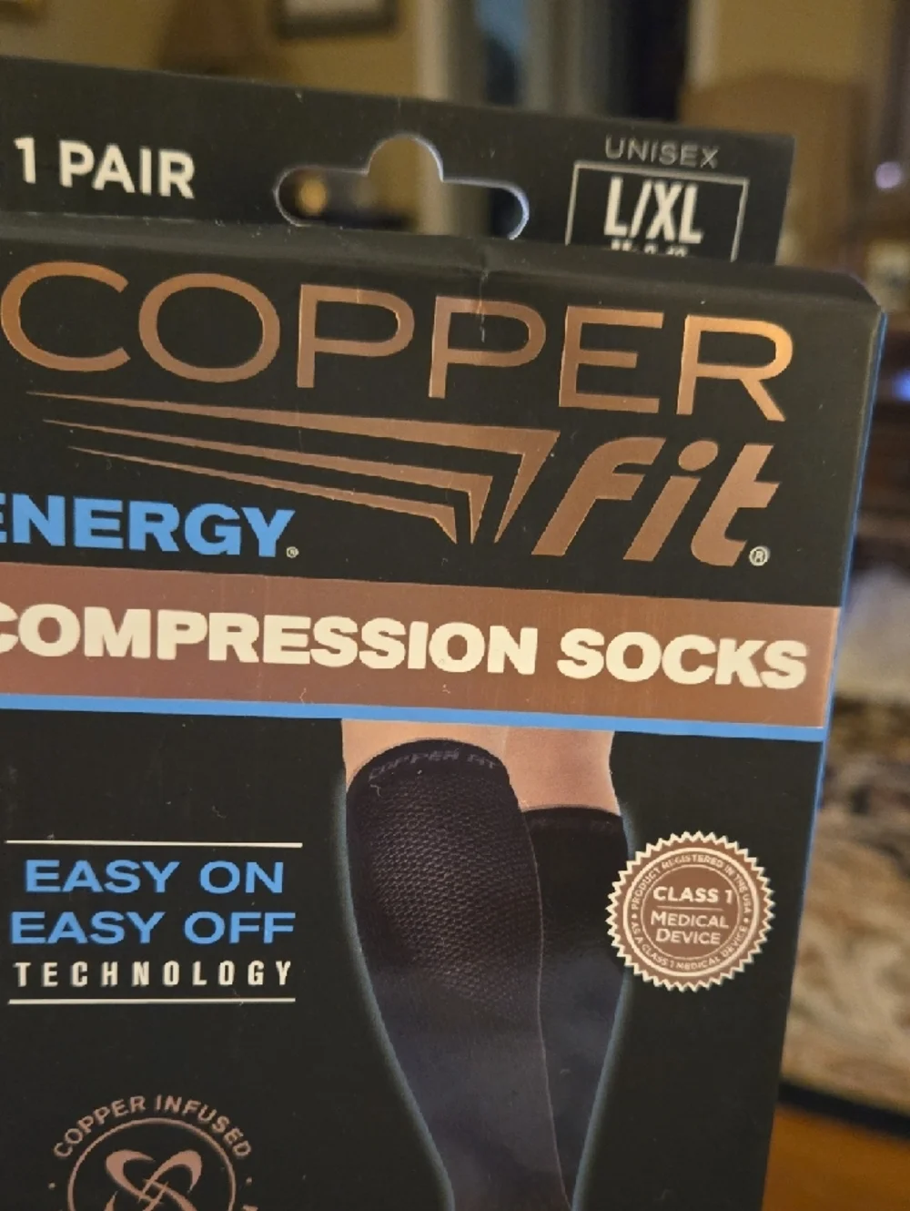 Copper Fit 1 Pair Men's Energy Compression Socks Black Eady On Easy Off L/XL New